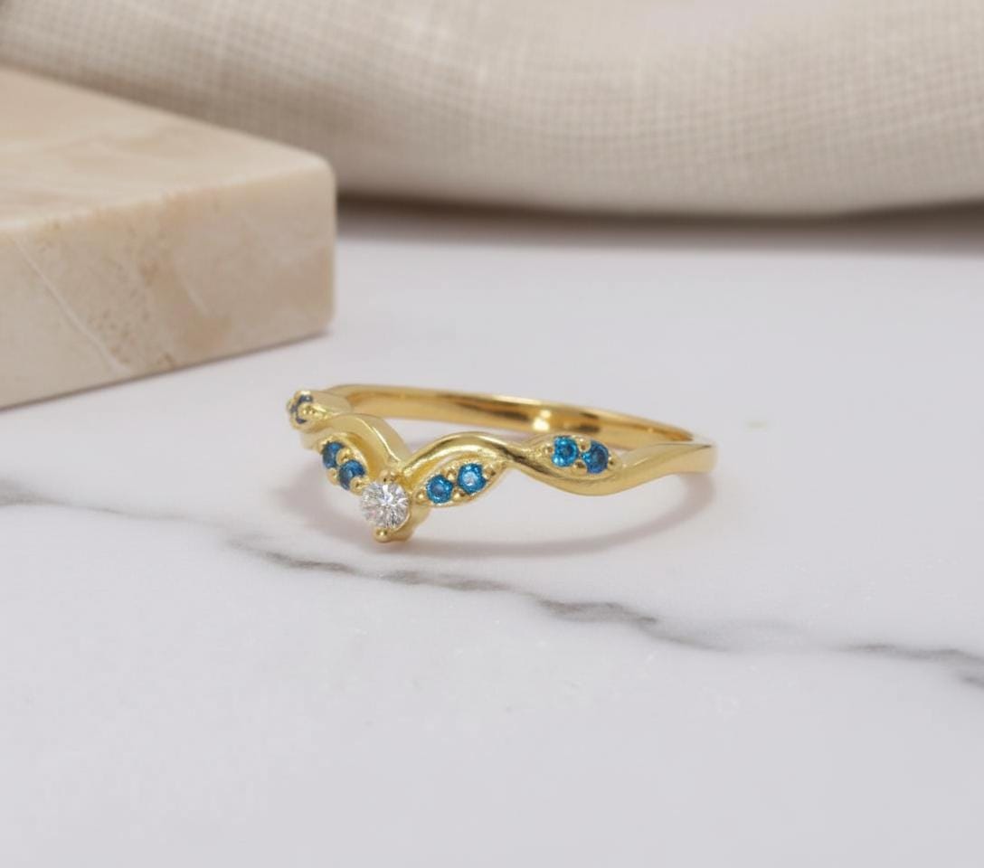 Blue Zircon Curved Wedding Band  December Birthstone Ring Art Deco Chevron Stacking Ring V Shape Nesting Band Bridal Jewelry