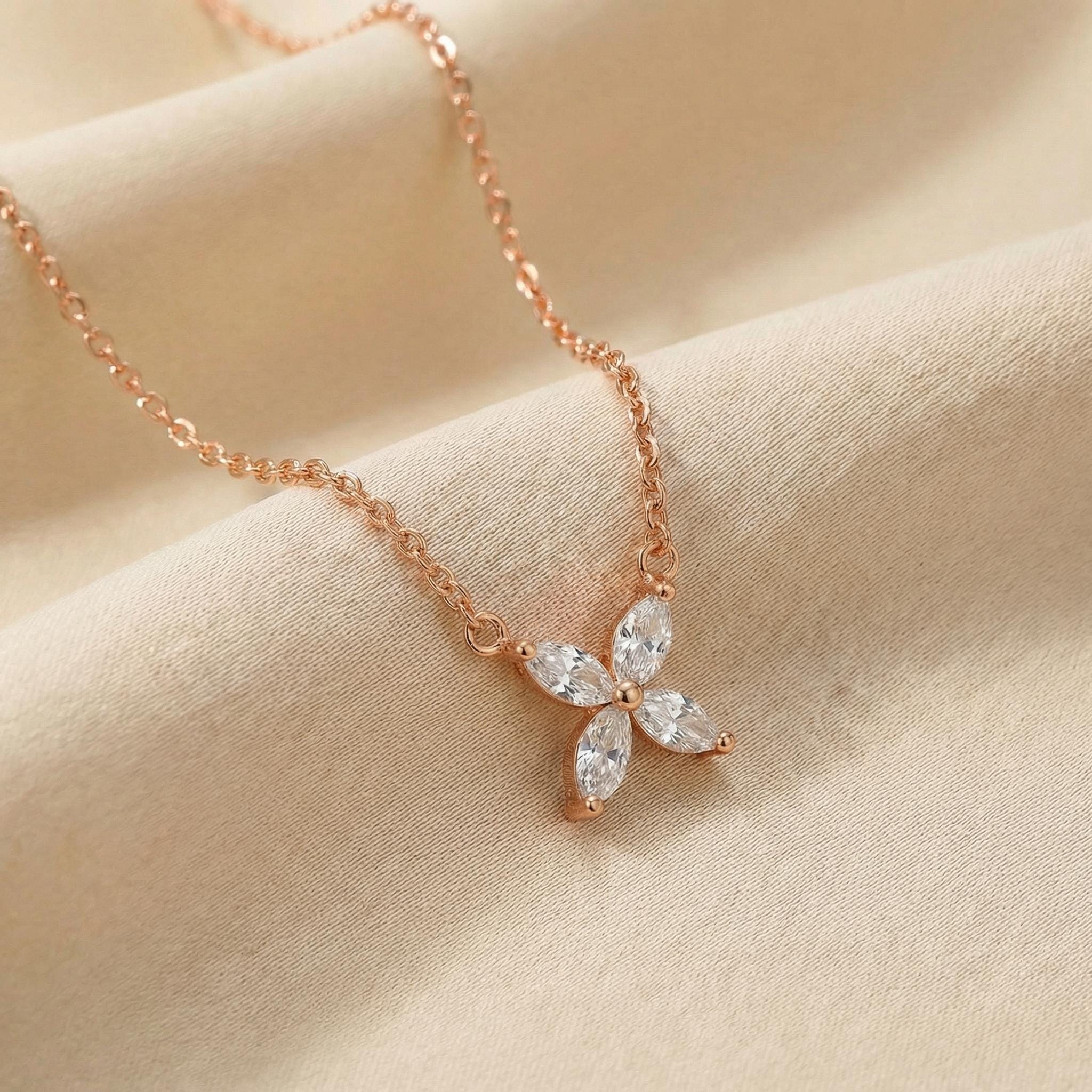 Bridesmaid Gift Lab Grown Diamond Necklace, Marquise Flower Pendant,  Minimalist Wedding Jewelry, Gift Set 0.40ct