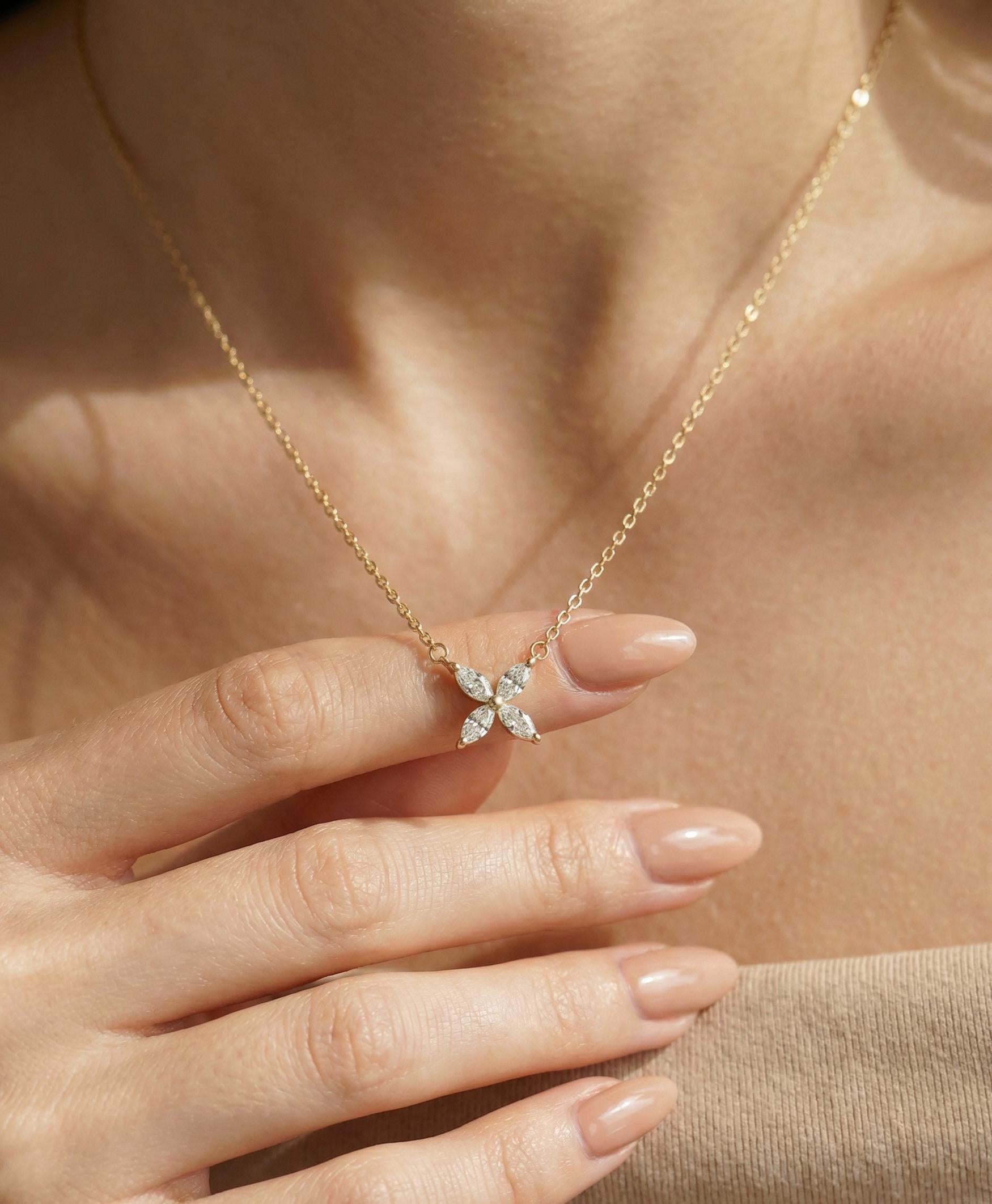 Bridesmaid Gift Lab Grown Diamond Necklace, Marquise Flower Pendant,  Minimalist Wedding Jewelry, Gift Set 0.40ct