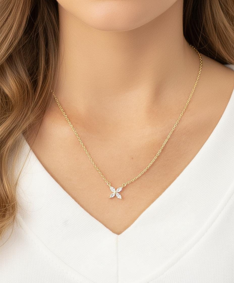 Bridesmaid Gift Lab Grown Diamond Necklace, Marquise Flower Pendant,  Minimalist Wedding Jewelry, Gift Set 0.40ct
