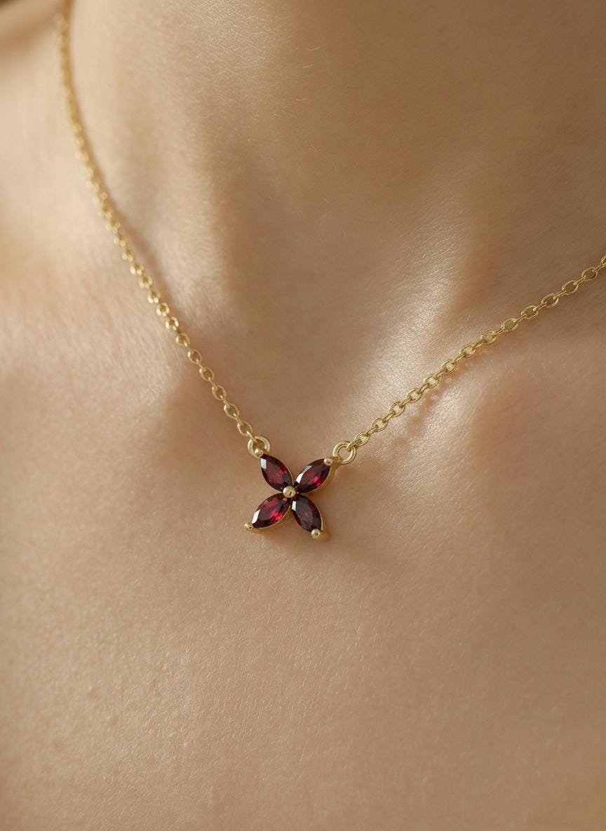 Garnet Birthstone Necklace, January Birthstone Jewelry, Marquise Flower Pendant, Red Gemstone Bridesmaid Gift for Her