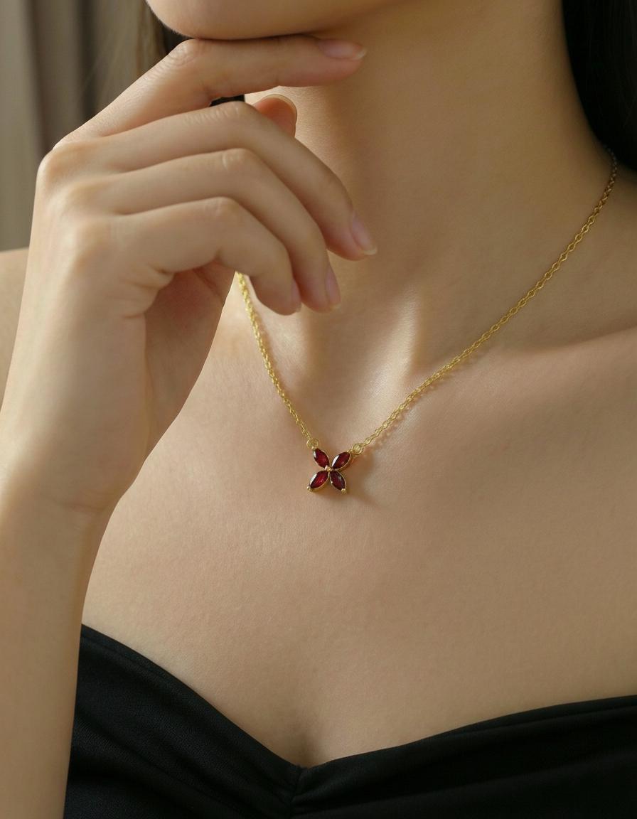 Garnet Birthstone Necklace, January Birthstone Jewelry, Marquise Flower Pendant, Red Gemstone Bridesmaid Gift for Her