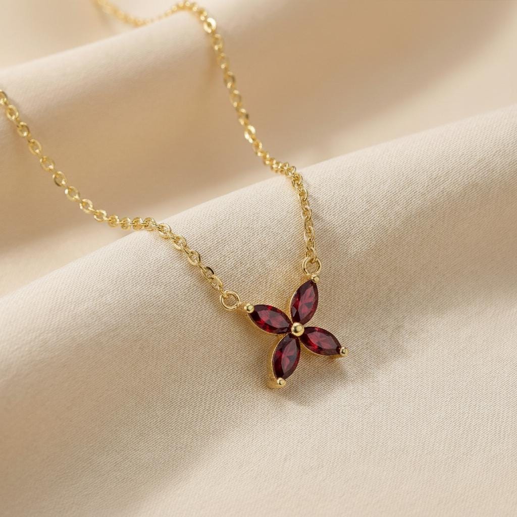Garnet Birthstone Necklace, January Birthstone Jewelry, Marquise Flower Pendant, Red Gemstone Bridesmaid Gift for Her