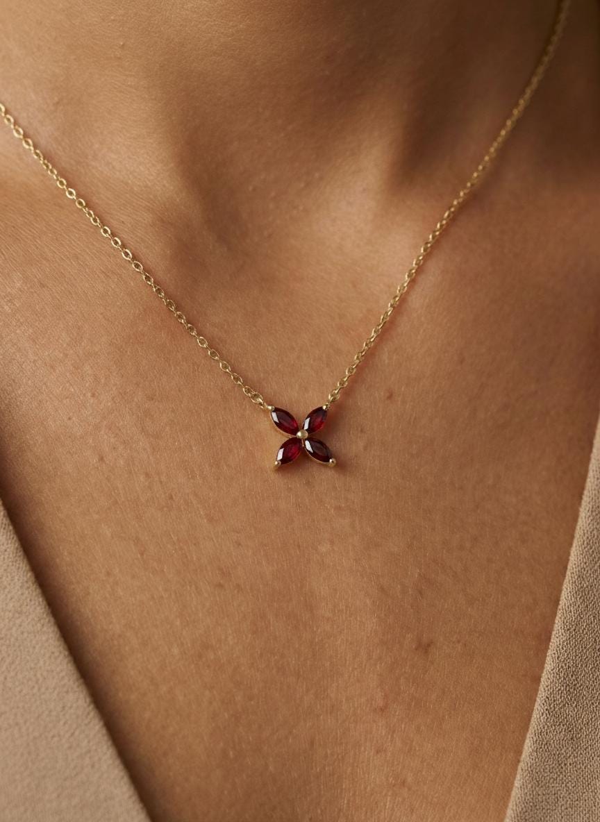 Garnet Birthstone Necklace, January Birthstone Jewelry, Marquise Flower Pendant, Red Gemstone Bridesmaid Gift for Her
