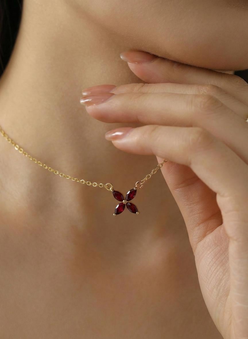 Garnet Birthstone Necklace, January Birthstone Jewelry, Marquise Flower Pendant, Red Gemstone Bridesmaid Gift for Her