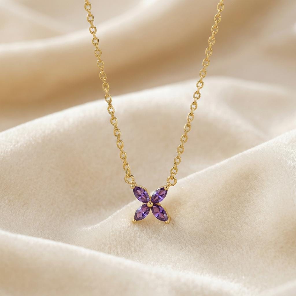 Amethyst Birthstone Necklace, Marquise Flower Pendant, February Birthstone Jewelry, Purple Gemstone Bridesmaid Gift, Dainty Floral Necklace