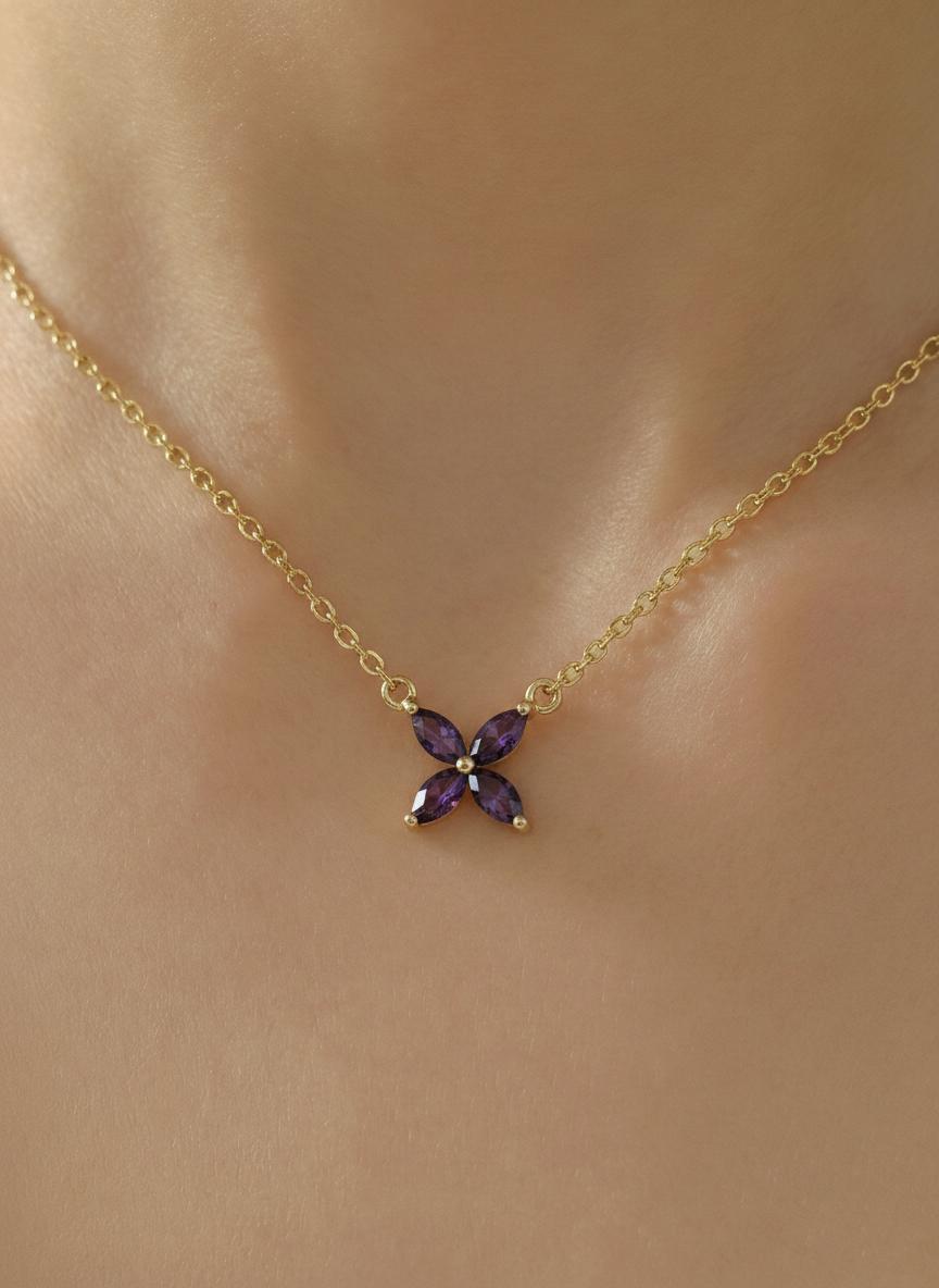 Amethyst Birthstone Necklace, Marquise Flower Pendant, February Birthstone Jewelry, Purple Gemstone Bridesmaid Gift, Dainty Floral Necklace