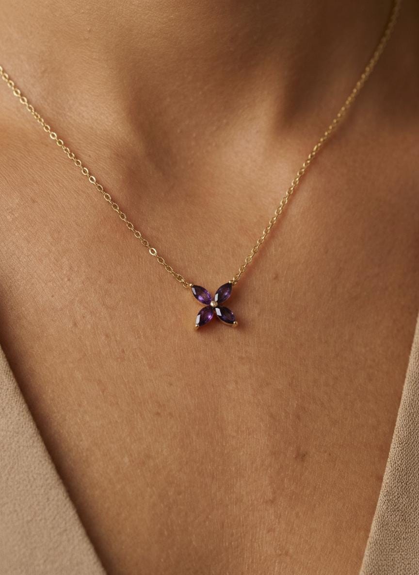 Amethyst Birthstone Necklace, Marquise Flower Pendant, February Birthstone Jewelry, Purple Gemstone Bridesmaid Gift, Dainty Floral Necklace
