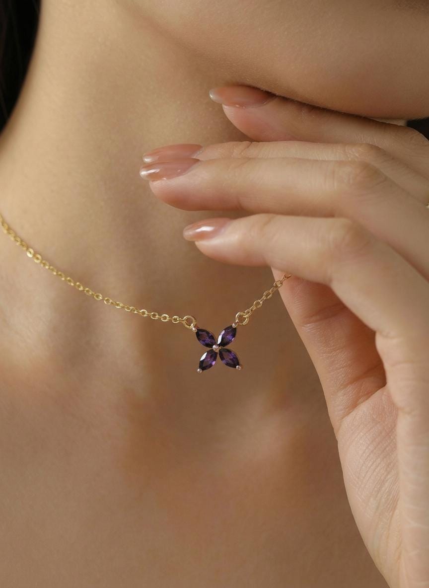 Amethyst Birthstone Necklace, Marquise Flower Pendant, February Birthstone Jewelry, Purple Gemstone Bridesmaid Gift, Dainty Floral Necklace