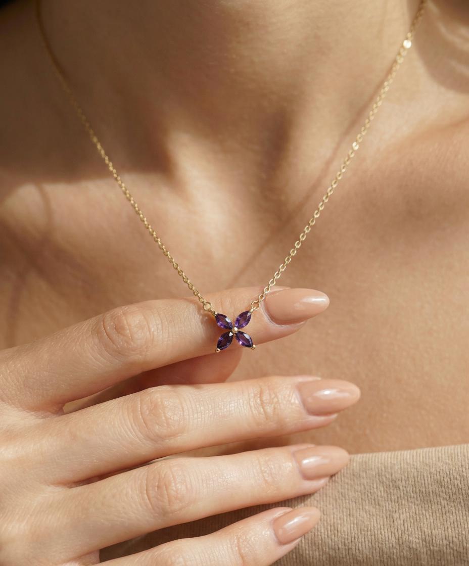 Amethyst Birthstone Necklace, Marquise Flower Pendant, February Birthstone Jewelry, Purple Gemstone Bridesmaid Gift, Dainty Floral Necklace