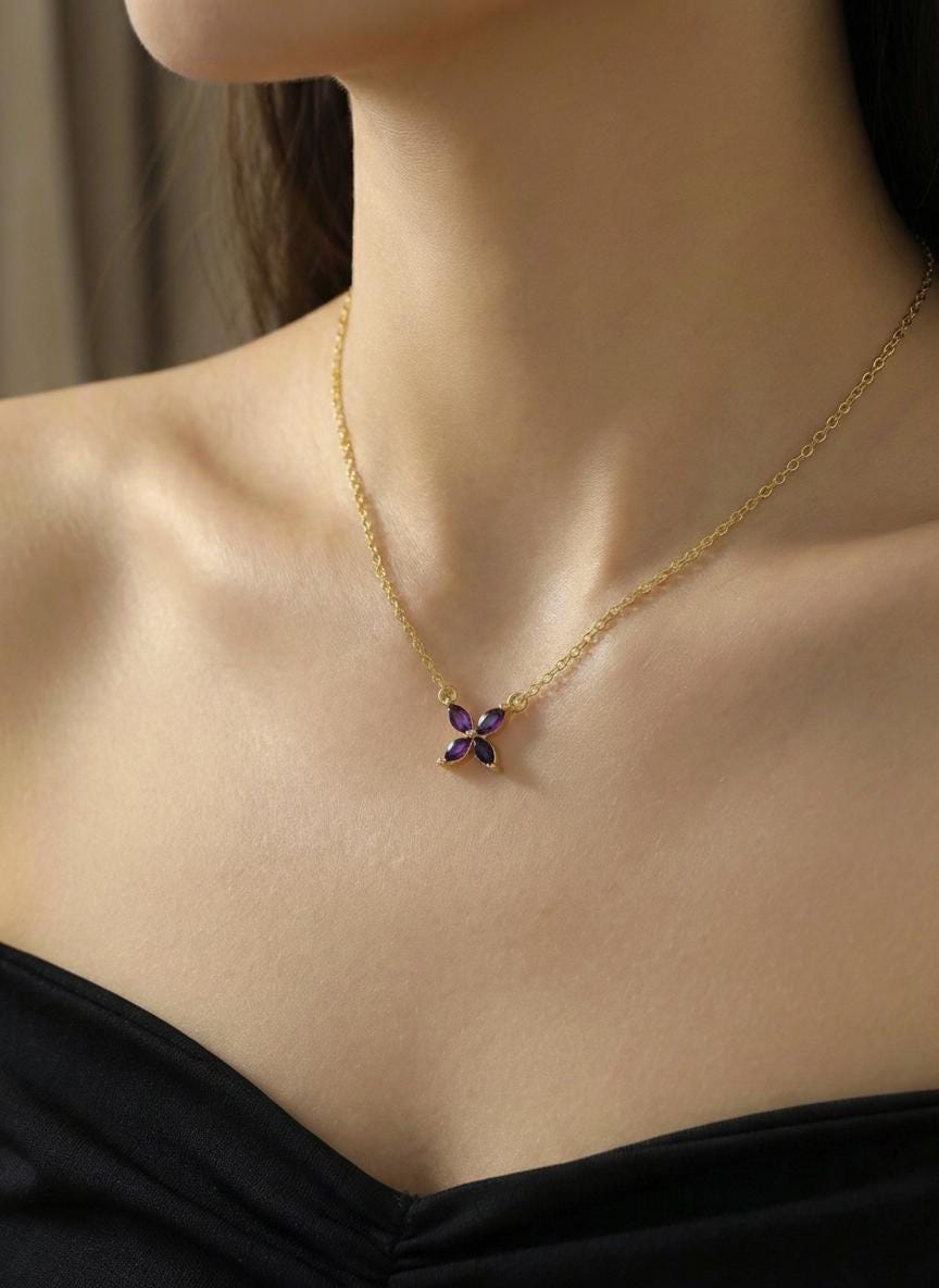 Amethyst Birthstone Necklace, Marquise Flower Pendant, February Birthstone Jewelry, Purple Gemstone Bridesmaid Gift, Dainty Floral Necklace