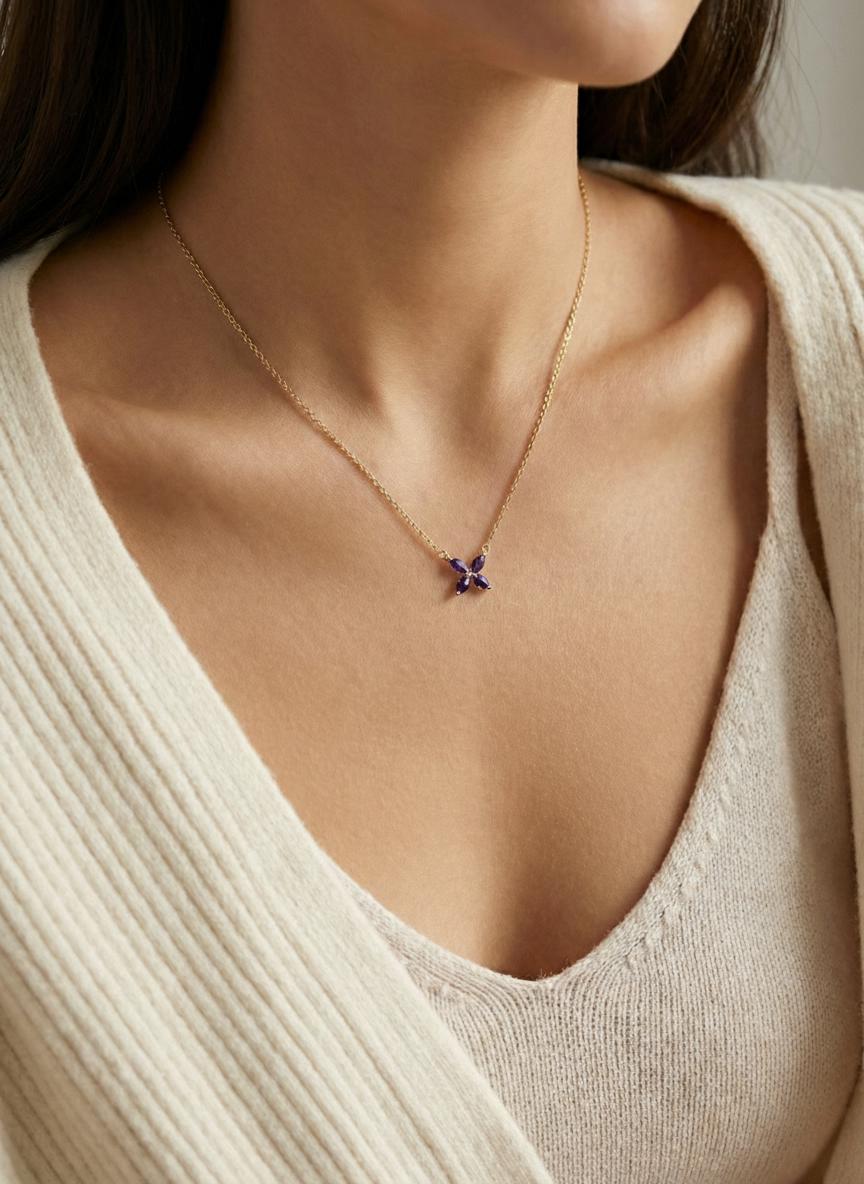 Amethyst Birthstone Necklace, Marquise Flower Pendant, February Birthstone Jewelry, Purple Gemstone Bridesmaid Gift, Dainty Floral Necklace