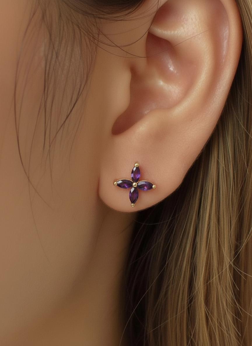 Amethyst Birthstone Necklace, Marquise Flower Pendant, February Birthstone Jewelry, Purple Gemstone Bridesmaid Gift, Dainty Floral Necklace