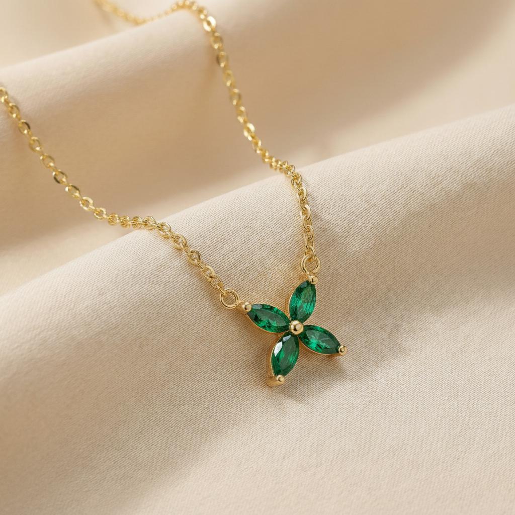 Emerald Birthstone Necklace, Marquise Flower Pendant, Dainty Green Gemstone Bridesmaid Necklace, May Birthstone Bridal Party Gift