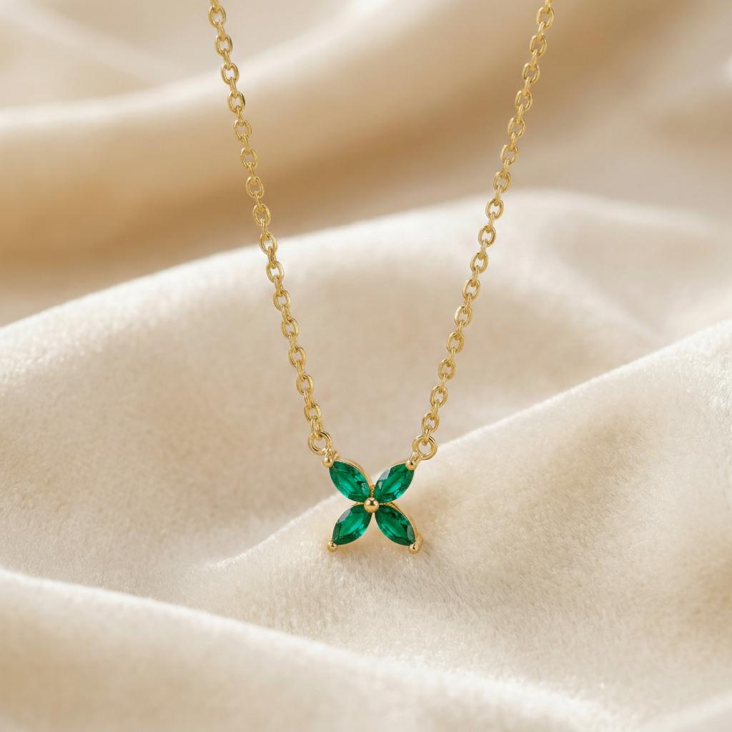 Emerald Birthstone Necklace, Marquise Flower Pendant, Dainty Green Gemstone Bridesmaid Necklace, May Birthstone Bridal Party Gift
