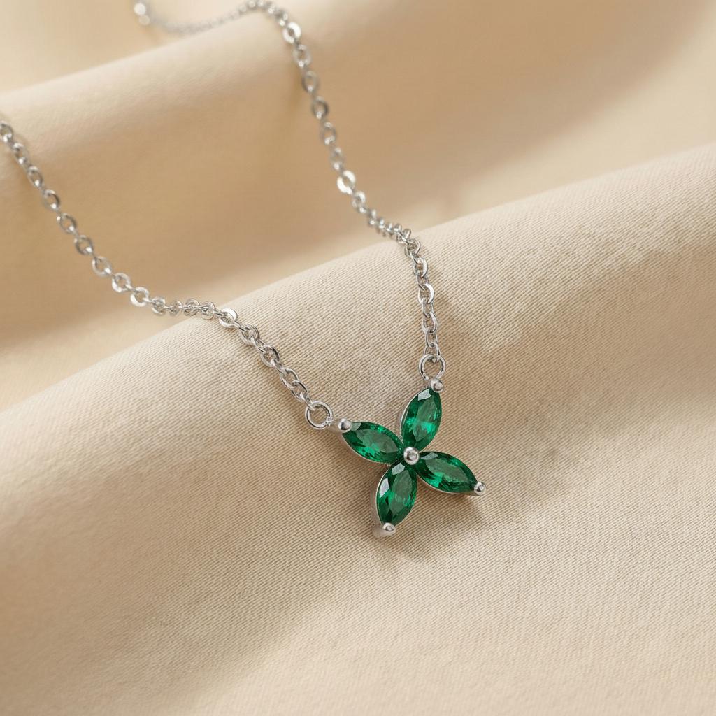 Emerald Birthstone Necklace, Marquise Flower Pendant, Dainty Green Gemstone Bridesmaid Necklace, May Birthstone Bridal Party Gift