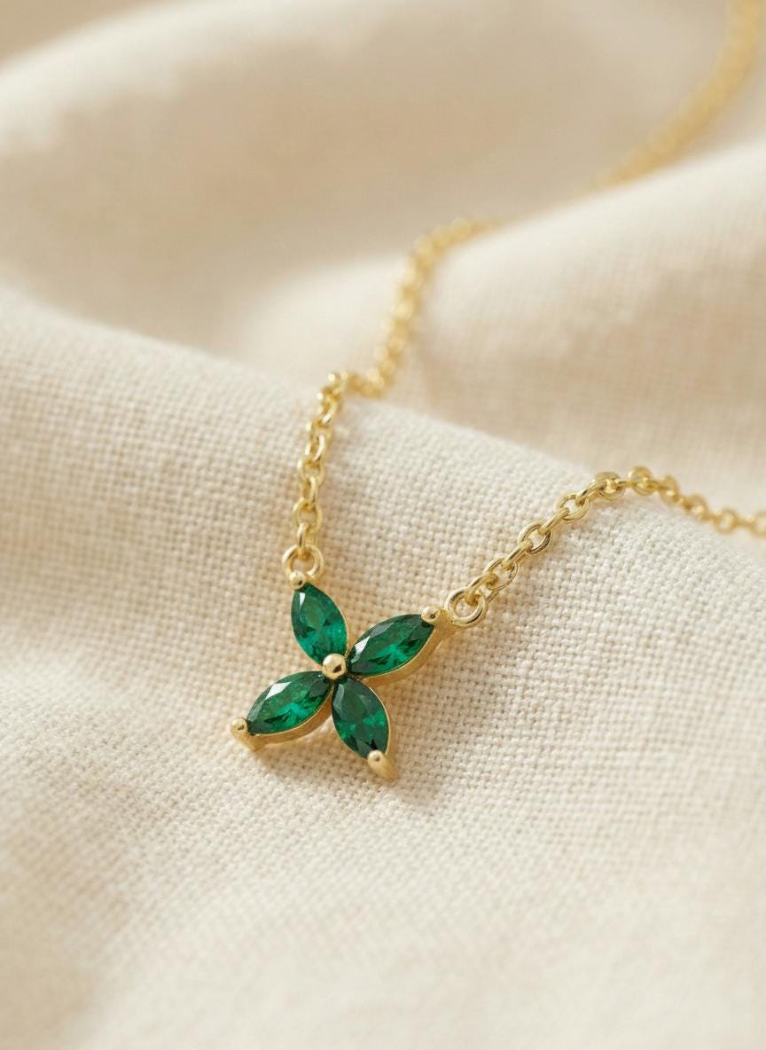 Emerald Birthstone Necklace, Marquise Flower Pendant, Dainty Green Gemstone Bridesmaid Necklace, May Birthstone Bridal Party Gift