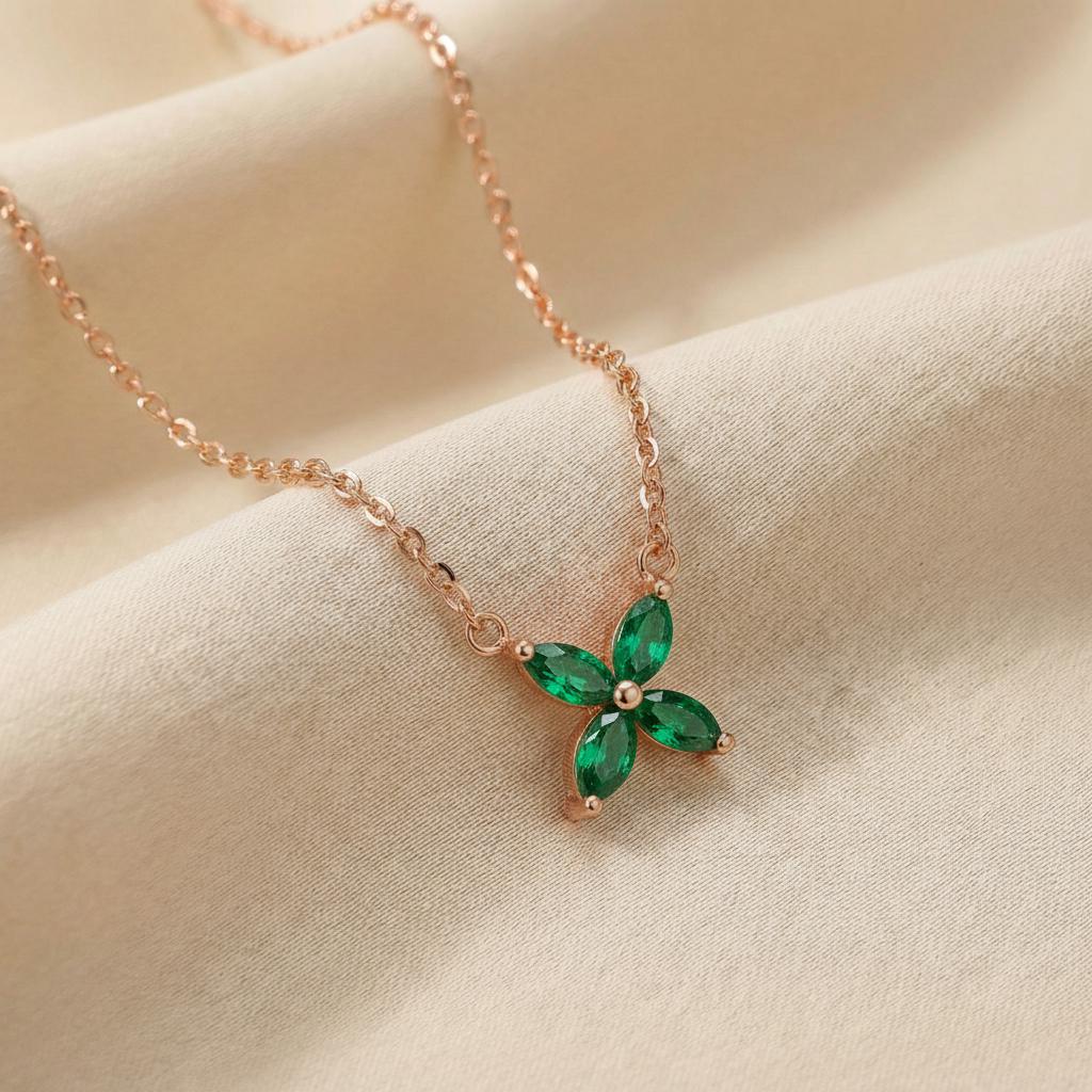 Emerald Birthstone Necklace, Marquise Flower Pendant, Dainty Green Gemstone Bridesmaid Necklace, May Birthstone Bridal Party Gift