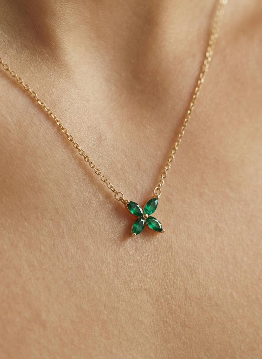 Emerald Birthstone Necklace, Marquise Flower Pendant, Dainty Green Gemstone Bridesmaid Necklace, May Birthstone Bridal Party Gift