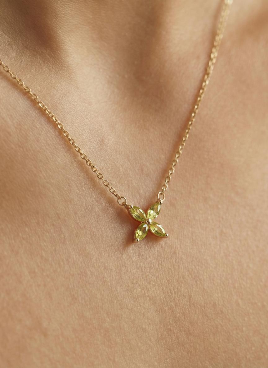 Peridot Necklace Marquise Flower Pendant Bridesmaid Gift  August Birthstone Charm Dainty Floral Cross