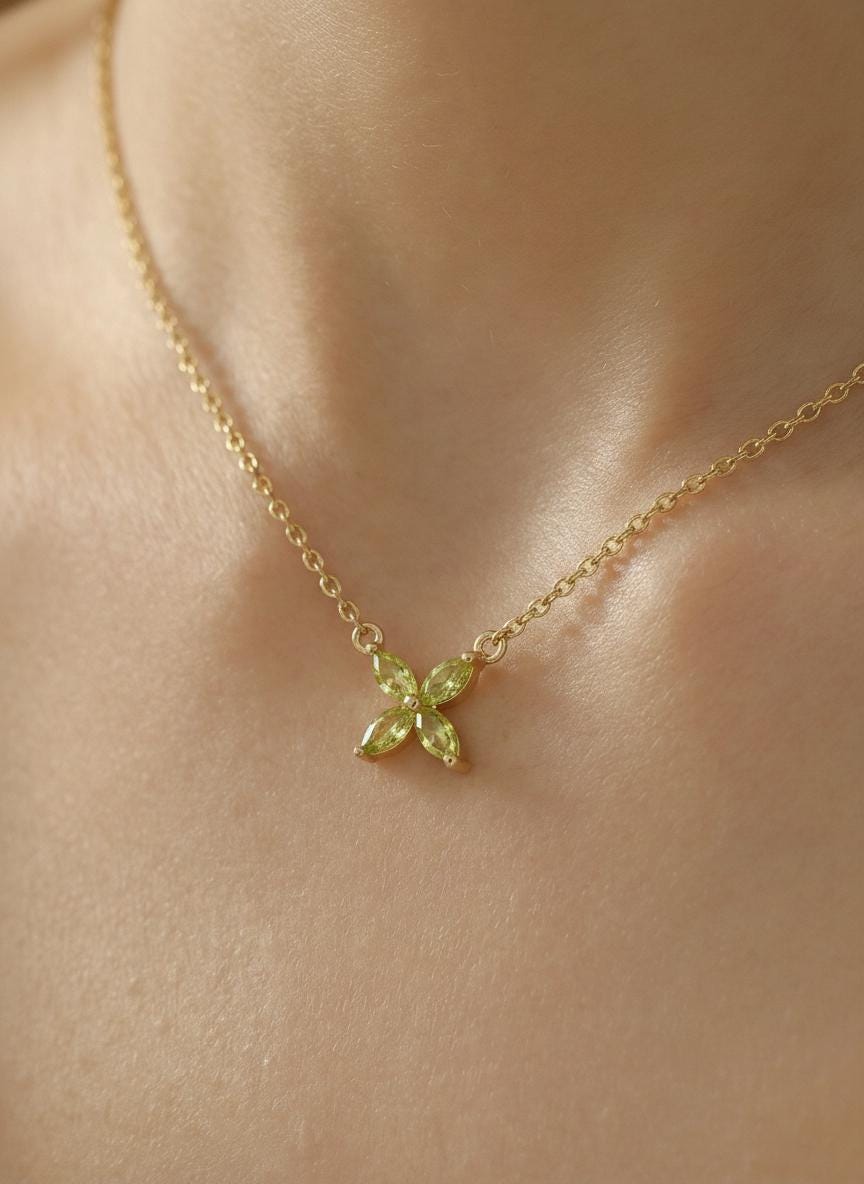 Peridot Necklace Marquise Flower Pendant Bridesmaid Gift  August Birthstone Charm Dainty Floral Cross