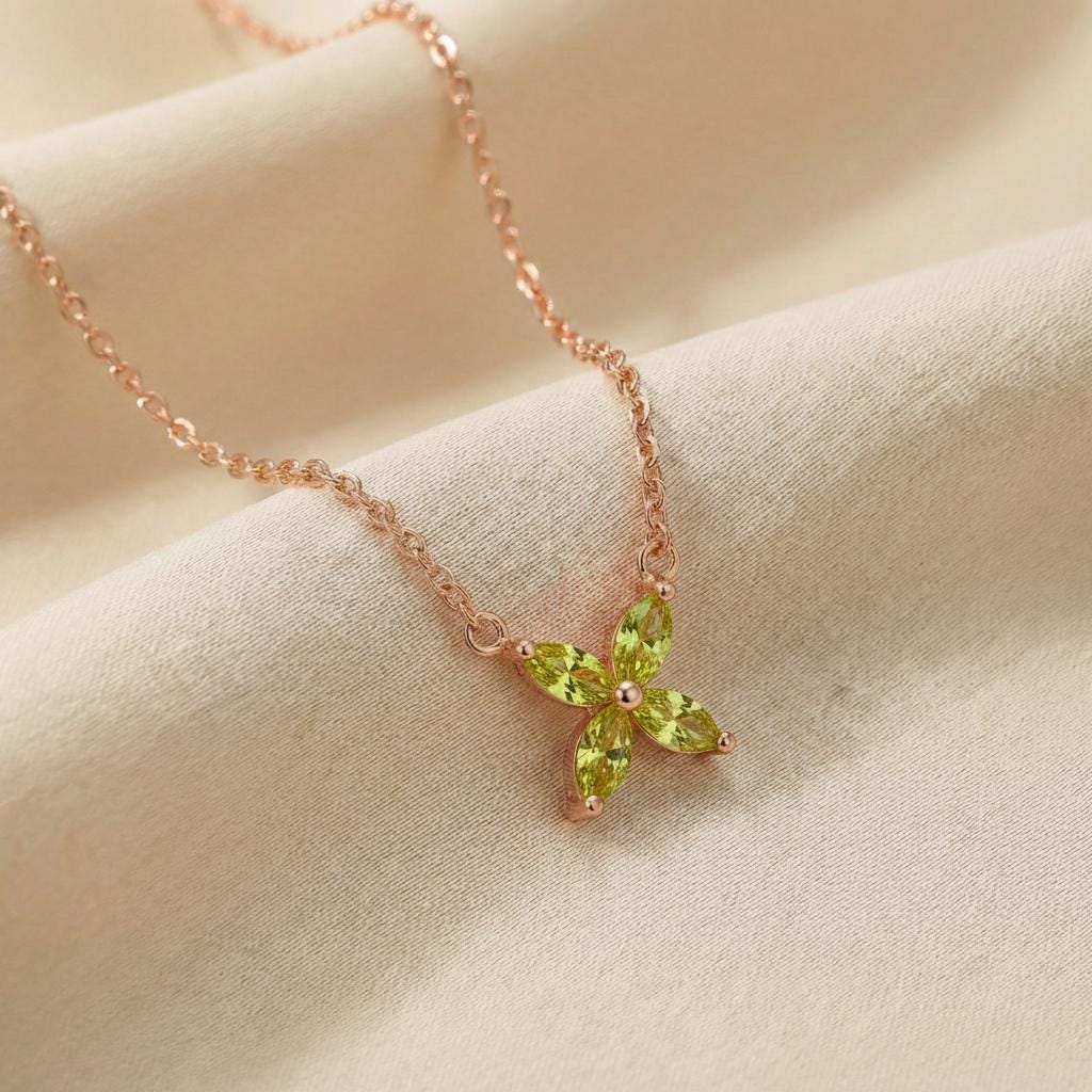 Peridot Necklace Marquise Flower Pendant Bridesmaid Gift  August Birthstone Charm Dainty Floral Cross