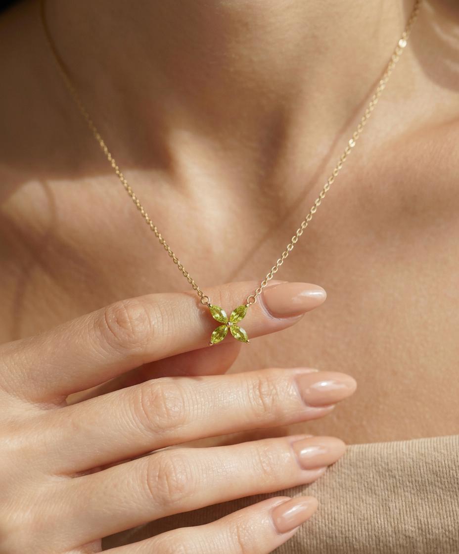 Peridot Necklace Marquise Flower Pendant Bridesmaid Gift  August Birthstone Charm Dainty Floral Cross