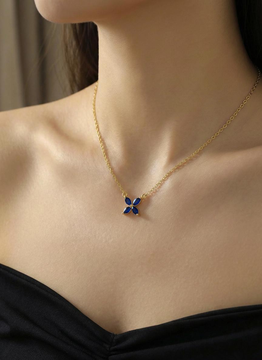 Sapphire Flower Necklace Royal Blue Pendant September Birthstone Jewelry Bridesmaid Gift Dainty Floral Charm Wedding Party Favor
