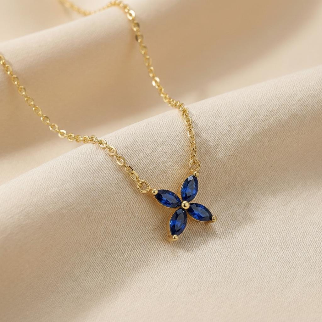 Sapphire Flower Necklace Royal Blue Pendant September Birthstone Jewelry Bridesmaid Gift Dainty Floral Charm Wedding Party Favor
