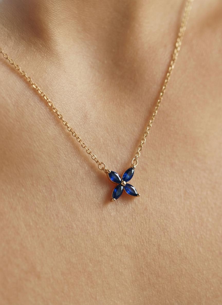 Sapphire Flower Necklace Royal Blue Pendant September Birthstone Jewelry Bridesmaid Gift Dainty Floral Charm Wedding Party Favor