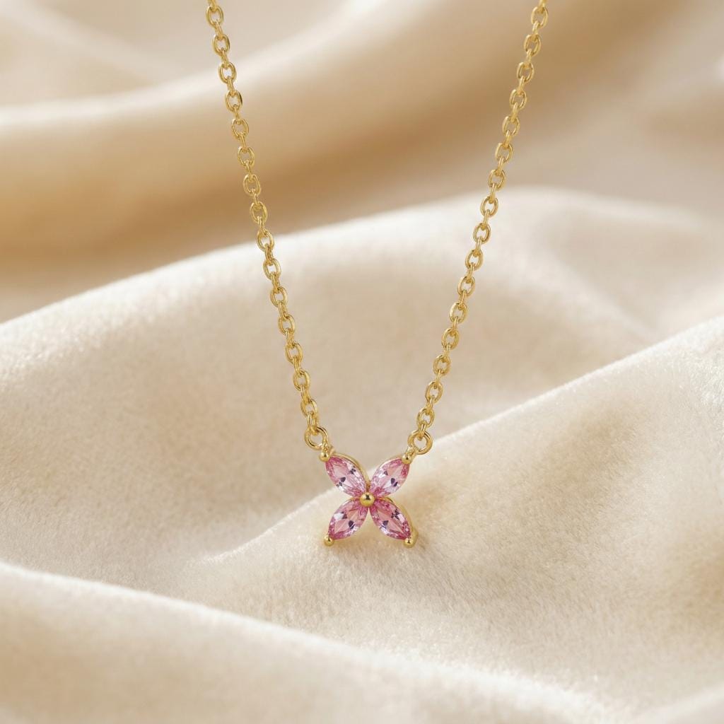 Pink Tourmaline Birthstone Necklace, Dainty Flower Pendant, October Birthstone Jewelry, Bridesmaid Necklace, Bridal Party Gift