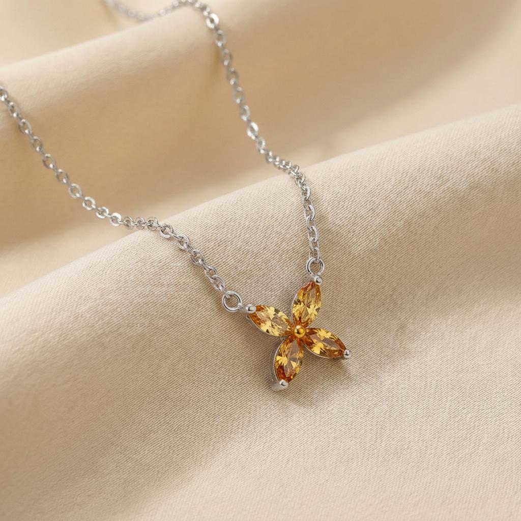 Citrine Birthstone Necklace, Dainty Flower Pendant, November Birthstone Jewelry, Bridesmaid Necklace, Minimalist Bridal Party Gift