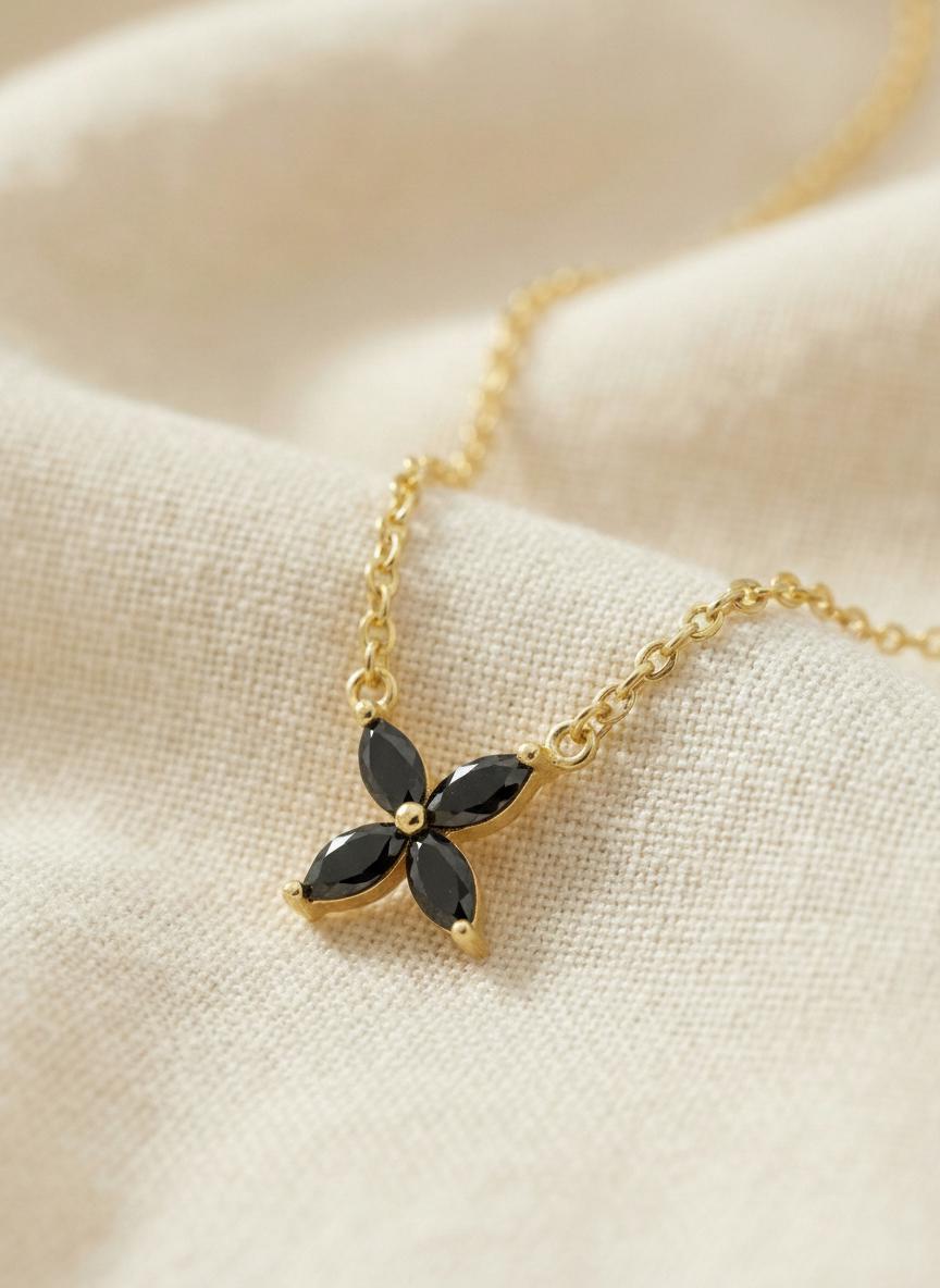 Black Diamond Flower Necklace, Sterling Silver Pendant, Dainty Bridesmaid Jewelry, Minimalist Bridal Party Gift for Her