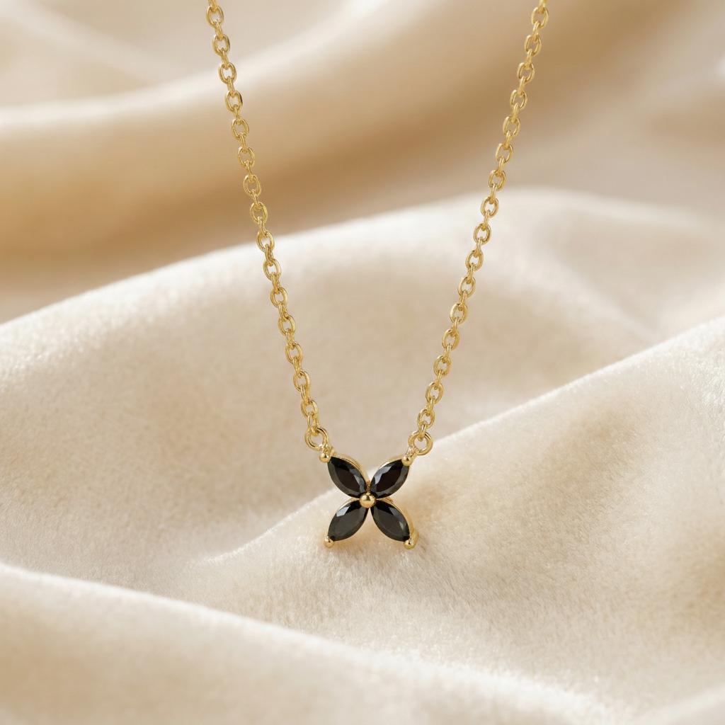 Black Diamond Flower Necklace, Sterling Silver Pendant, Dainty Bridesmaid Jewelry, Minimalist Bridal Party Gift for Her