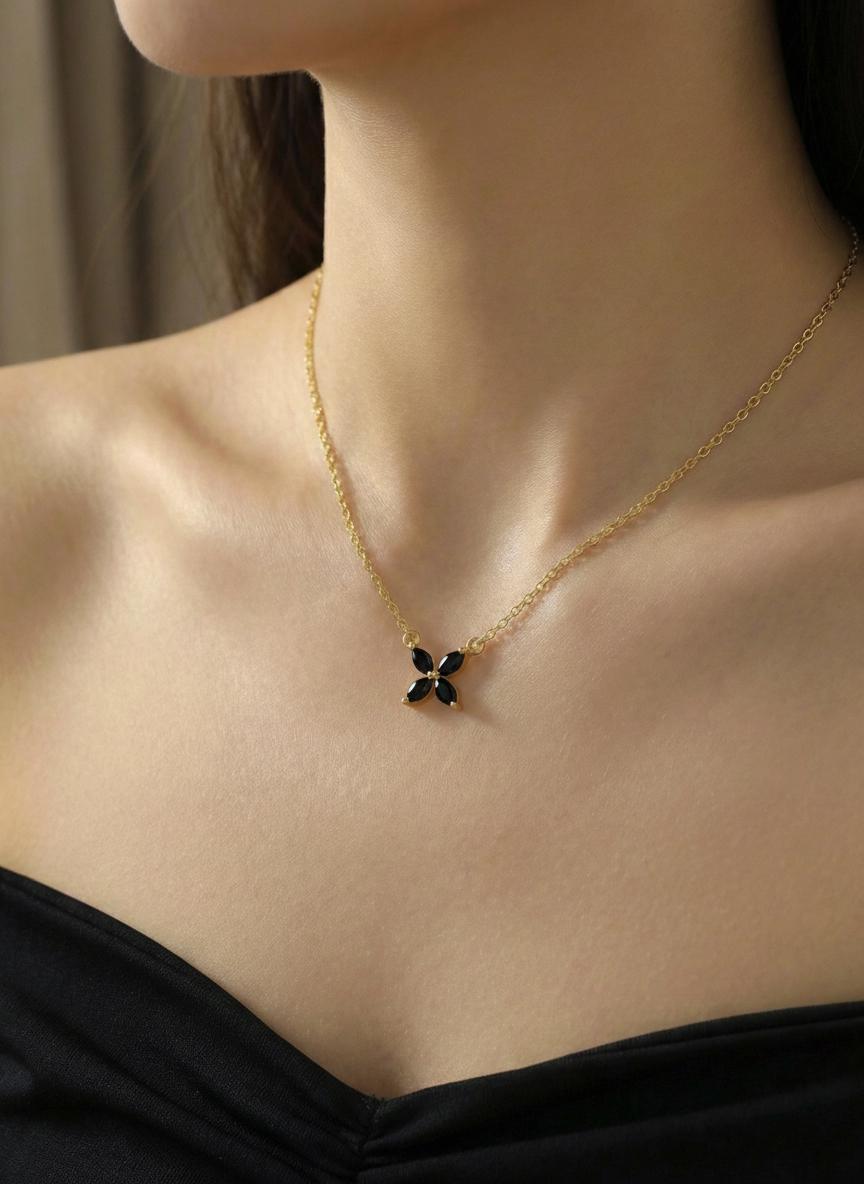 Black Diamond Flower Necklace, Sterling Silver Pendant, Dainty Bridesmaid Jewelry, Minimalist Bridal Party Gift for Her