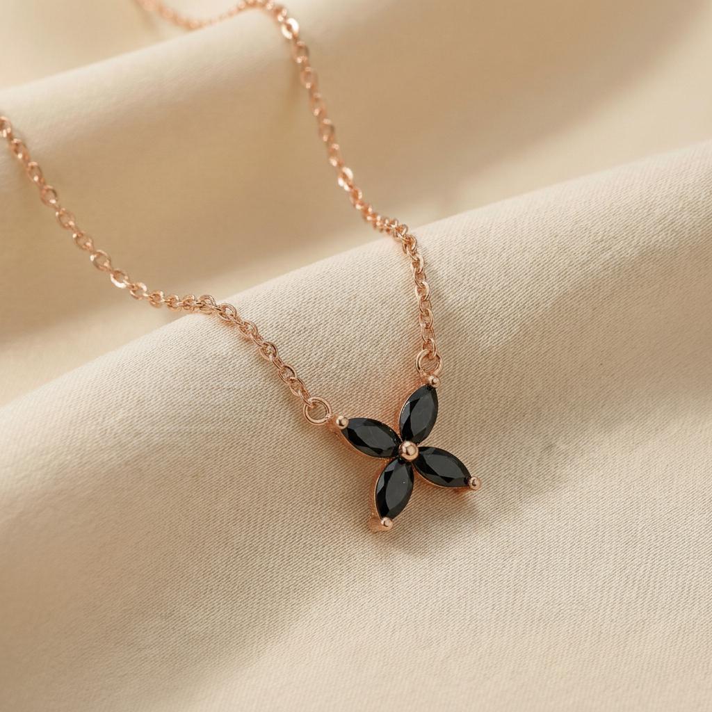 Black Diamond Flower Necklace, Sterling Silver Pendant, Dainty Bridesmaid Jewelry, Minimalist Bridal Party Gift for Her