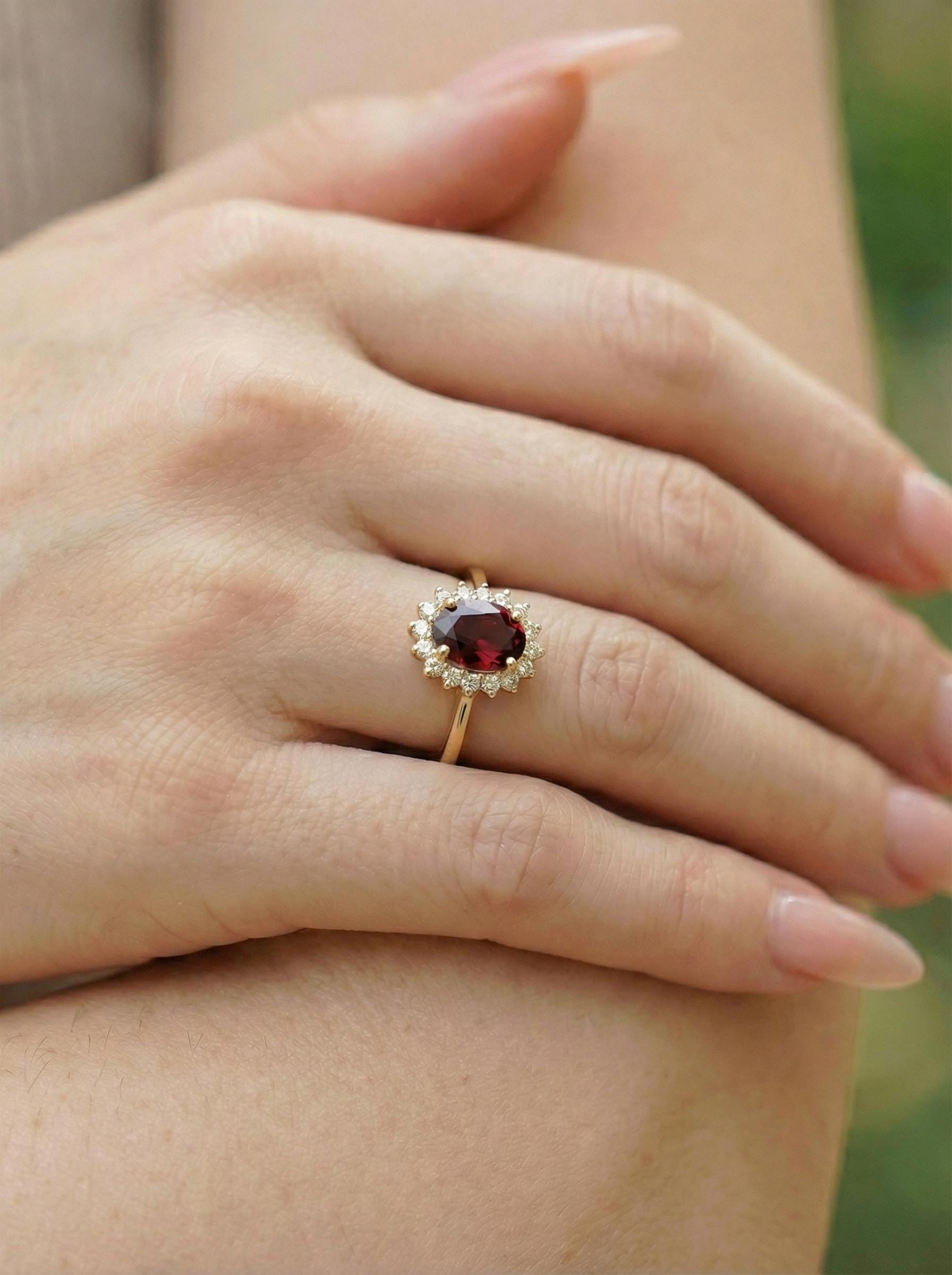 Garnet Wedding Band Ring Vintage Style Travel Ring For Women Oval Cut Deep Red Gemstone January Birthstone Jewelry Gift