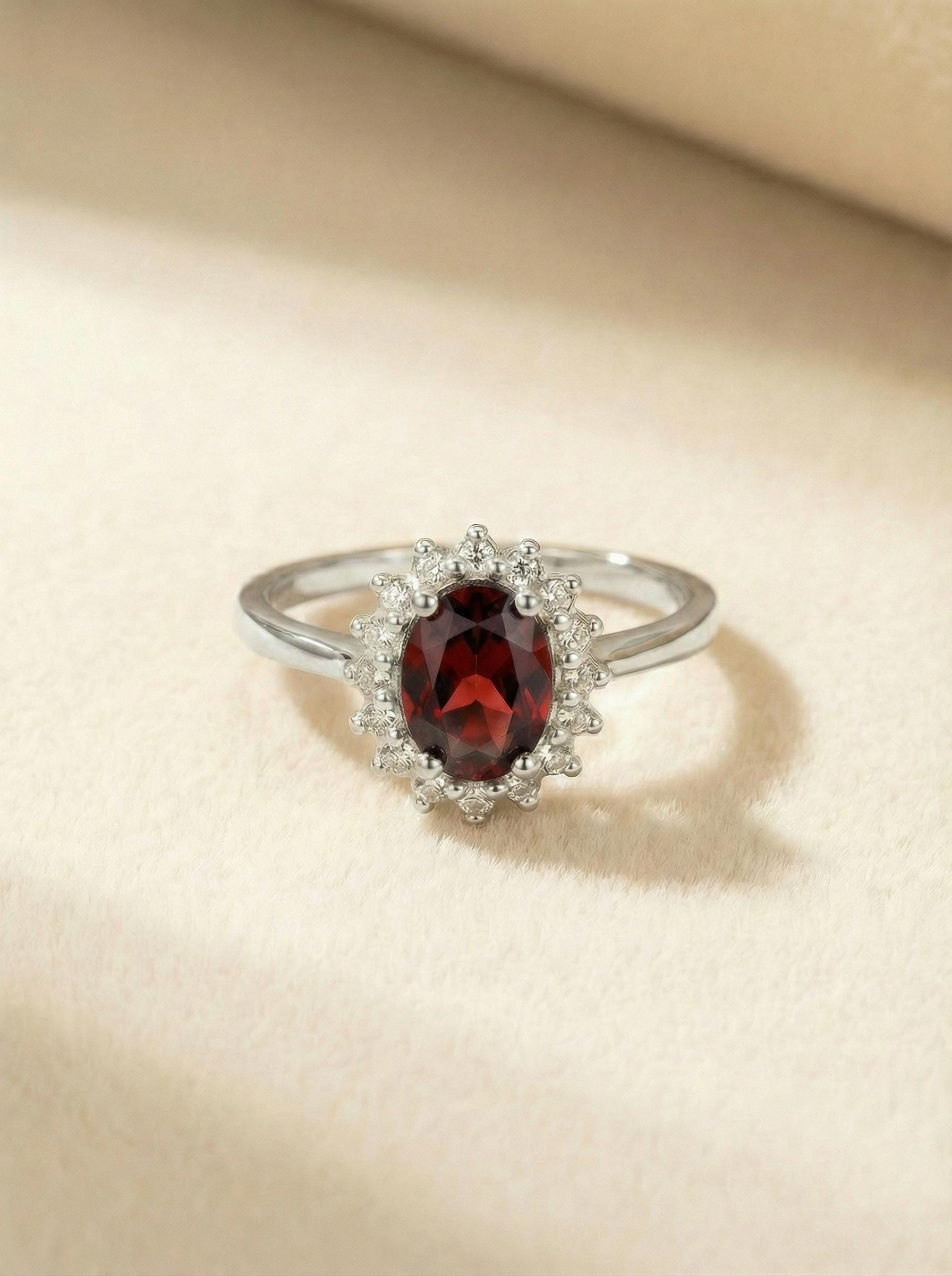 Garnet Wedding Band Ring Vintage Style Travel Ring For Women Oval Cut Deep Red Gemstone January Birthstone Jewelry Gift