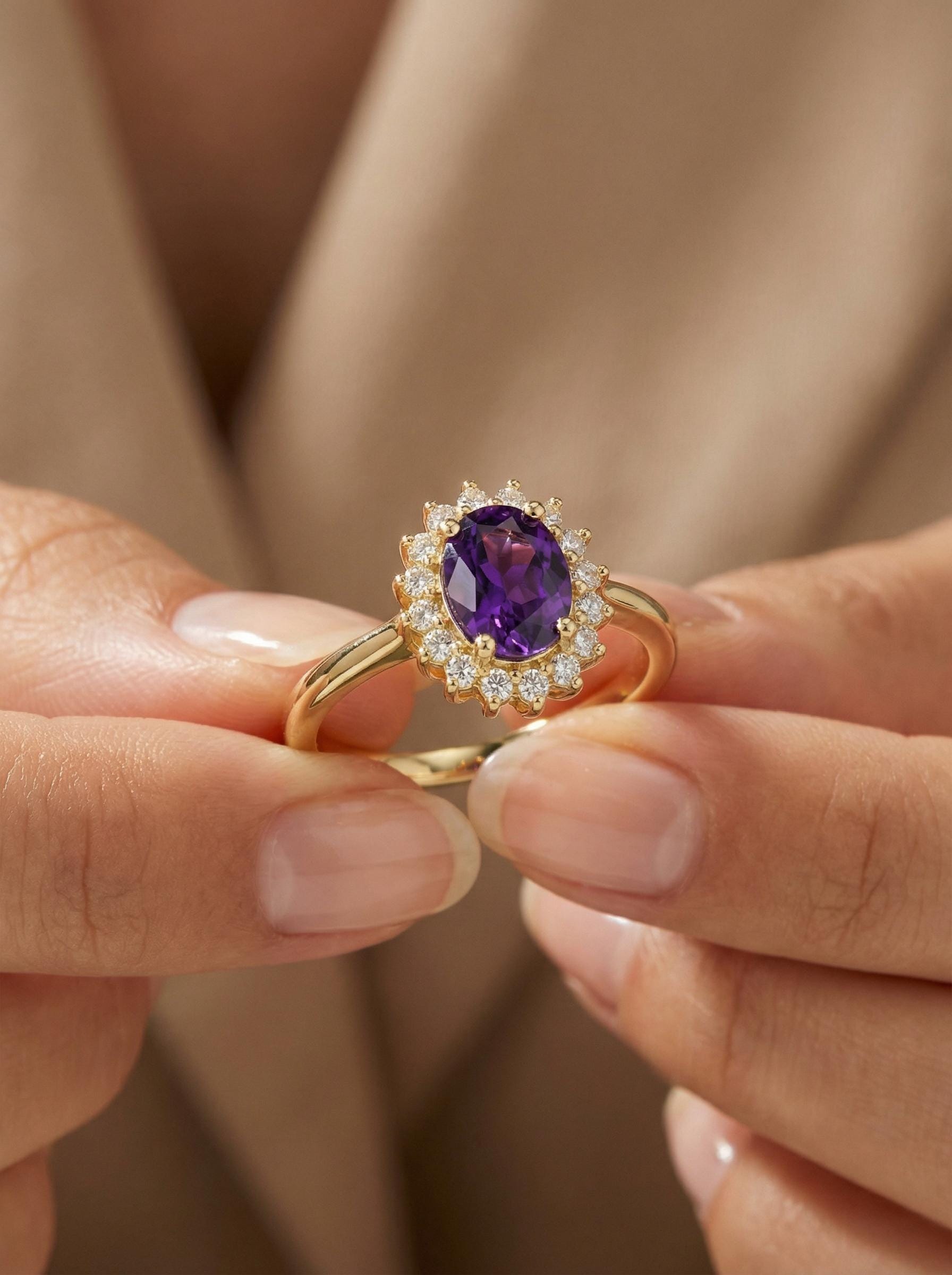 Amethyst Engagement Ring Travel Ring Vintage Art Deco Style February Birthstone Proposal Jewelry Gift For Her