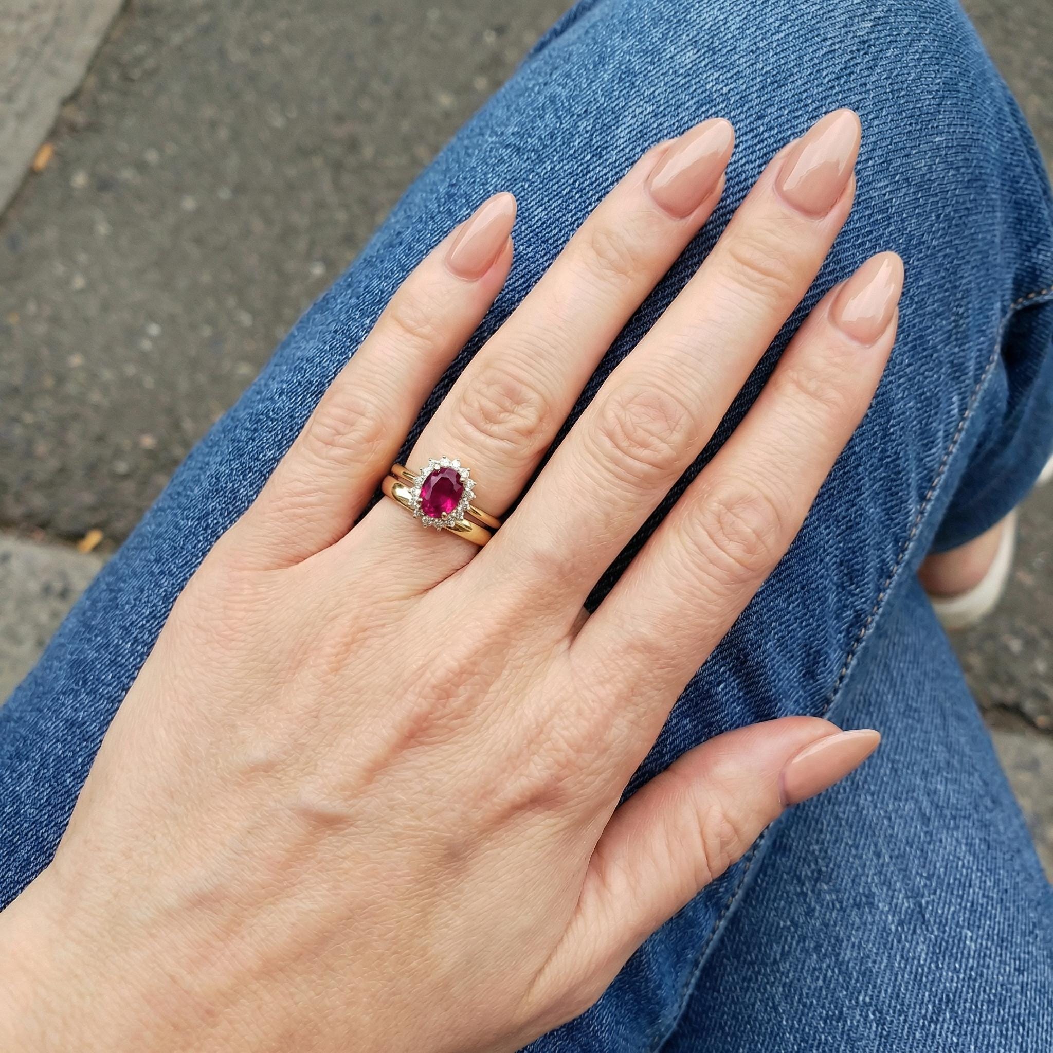 Ruby Engagement Ring Travel Ring Oval Halo Promise Ring For Her July Birthstone Jewelry