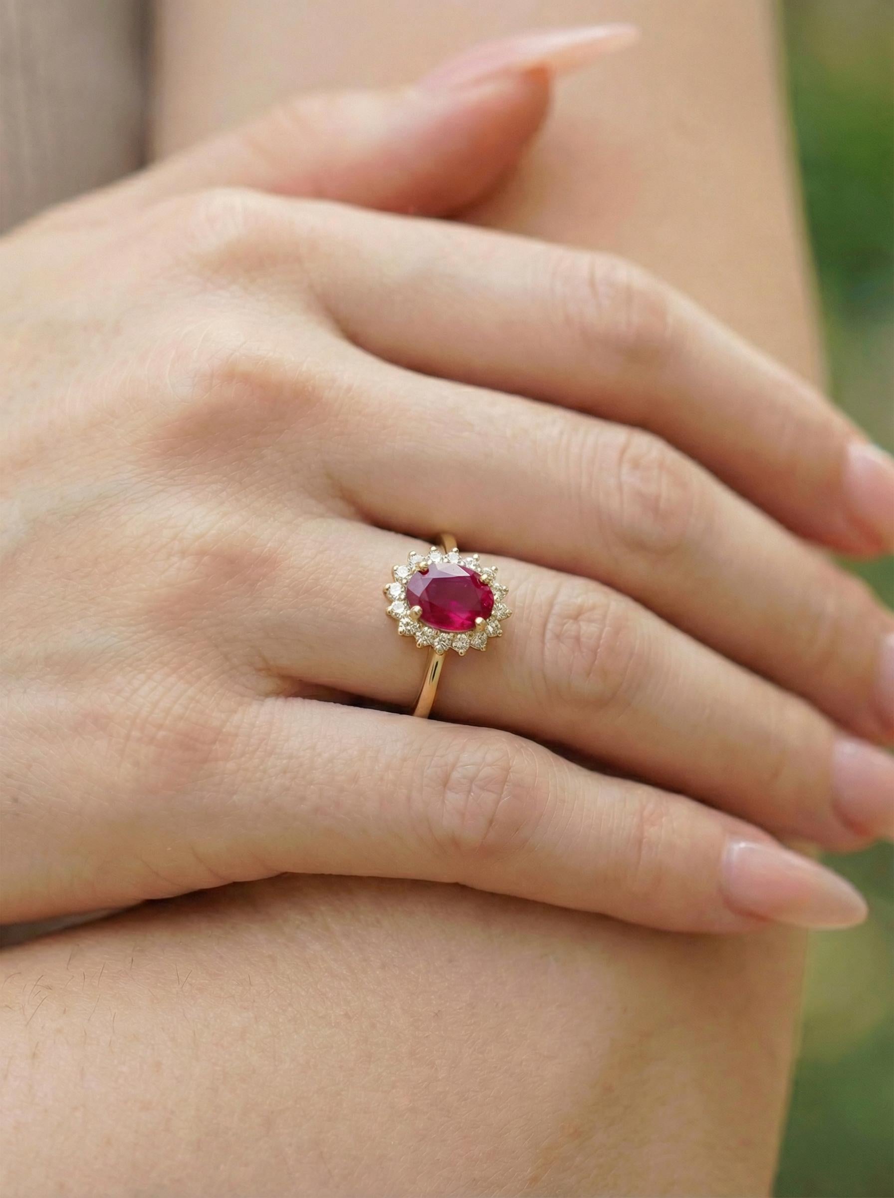 Ruby Engagement Ring Travel Ring Oval Halo Promise Ring For Her July Birthstone Jewelry