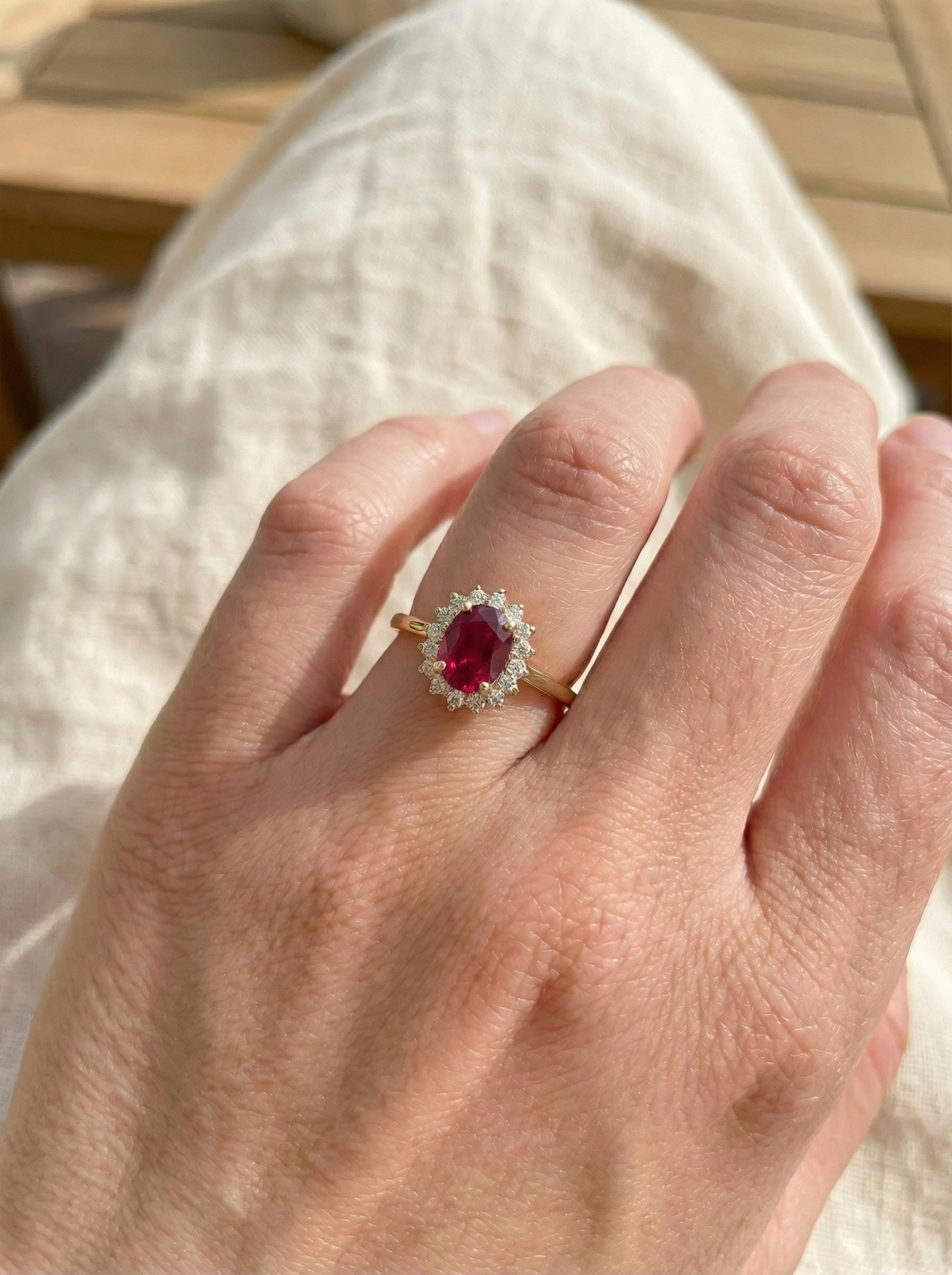 Ruby Engagement Ring Travel Ring Oval Halo Promise Ring For Her July Birthstone Jewelry