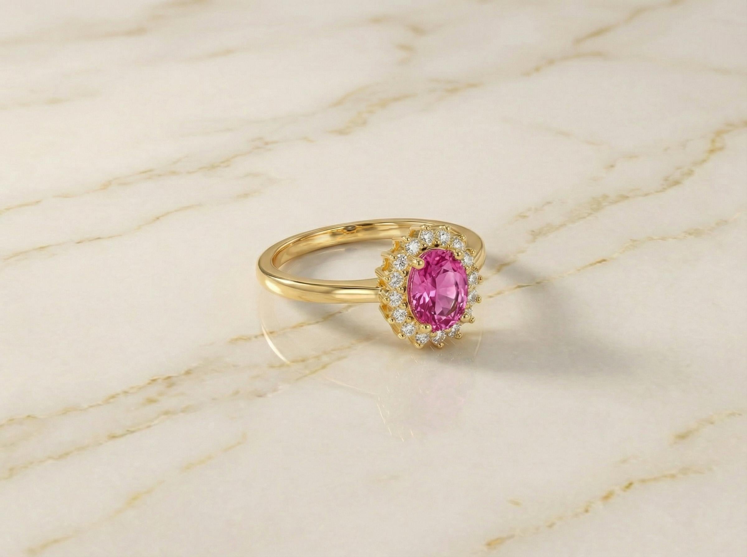 Pink Tourmaline Engagement Ring Travel Ring Oval Halo Promise Ring October Birthstone Jewelry Anniversary Gift