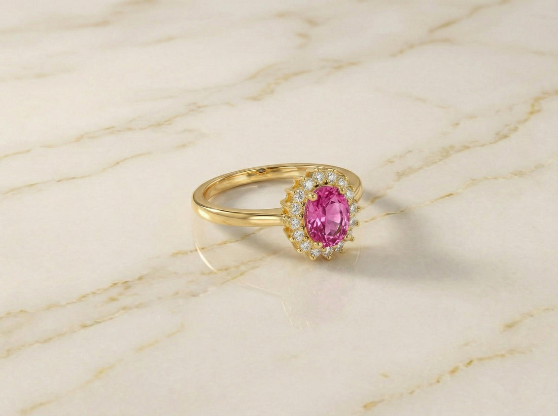Pink Tourmaline Engagement Ring Travel Ring Oval Halo Promise Ring October Birthstone Jewelry Anniversary Gift