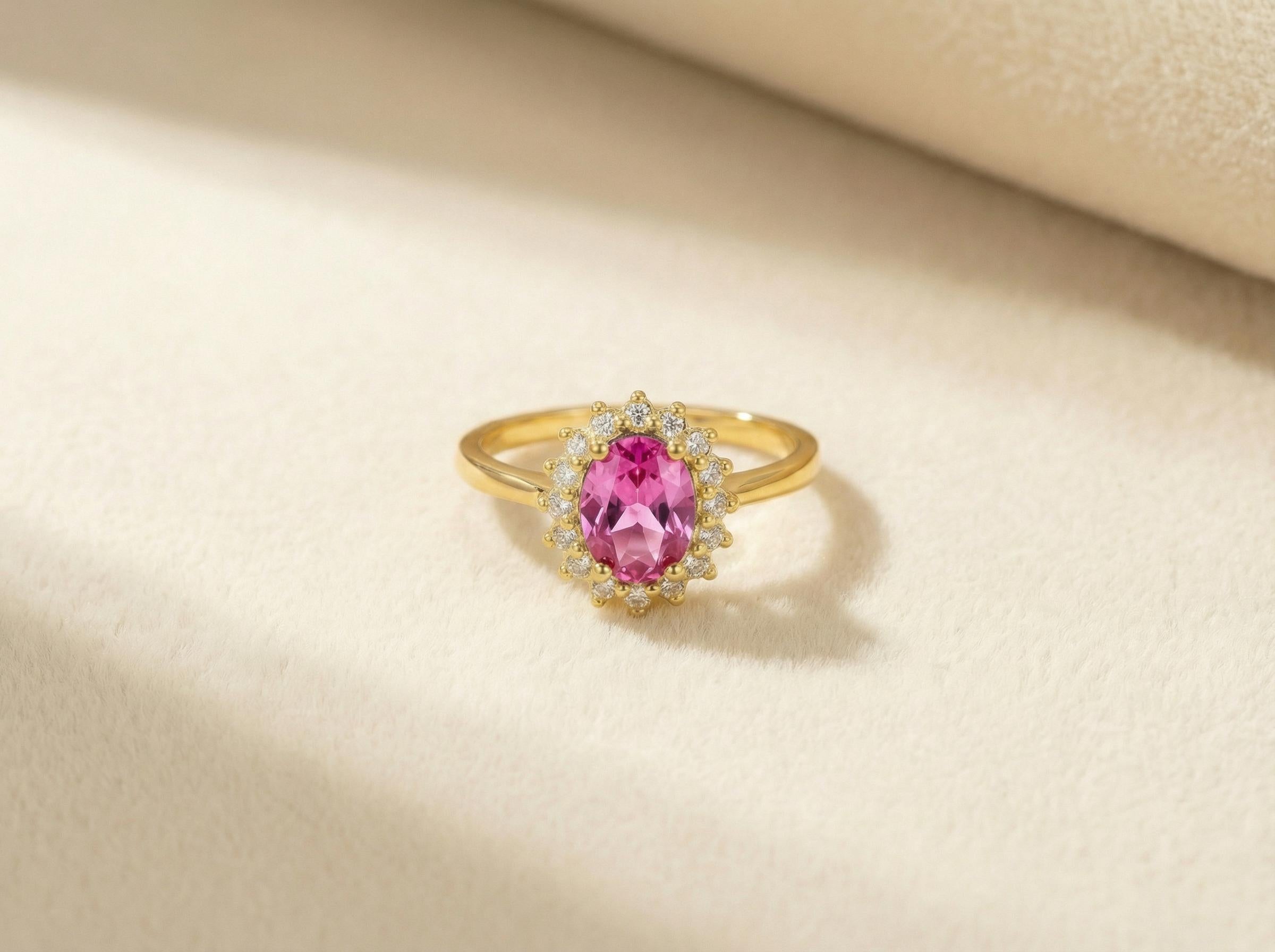 Pink Tourmaline Engagement Ring Travel Ring Oval Halo Promise Ring October Birthstone Jewelry Anniversary Gift