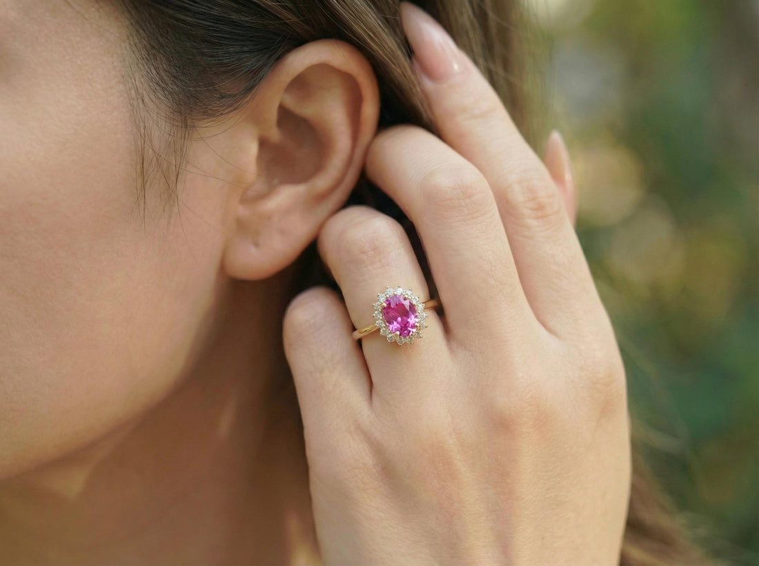Pink Tourmaline Engagement Ring Travel Ring Oval Halo Promise Ring October Birthstone Jewelry Anniversary Gift