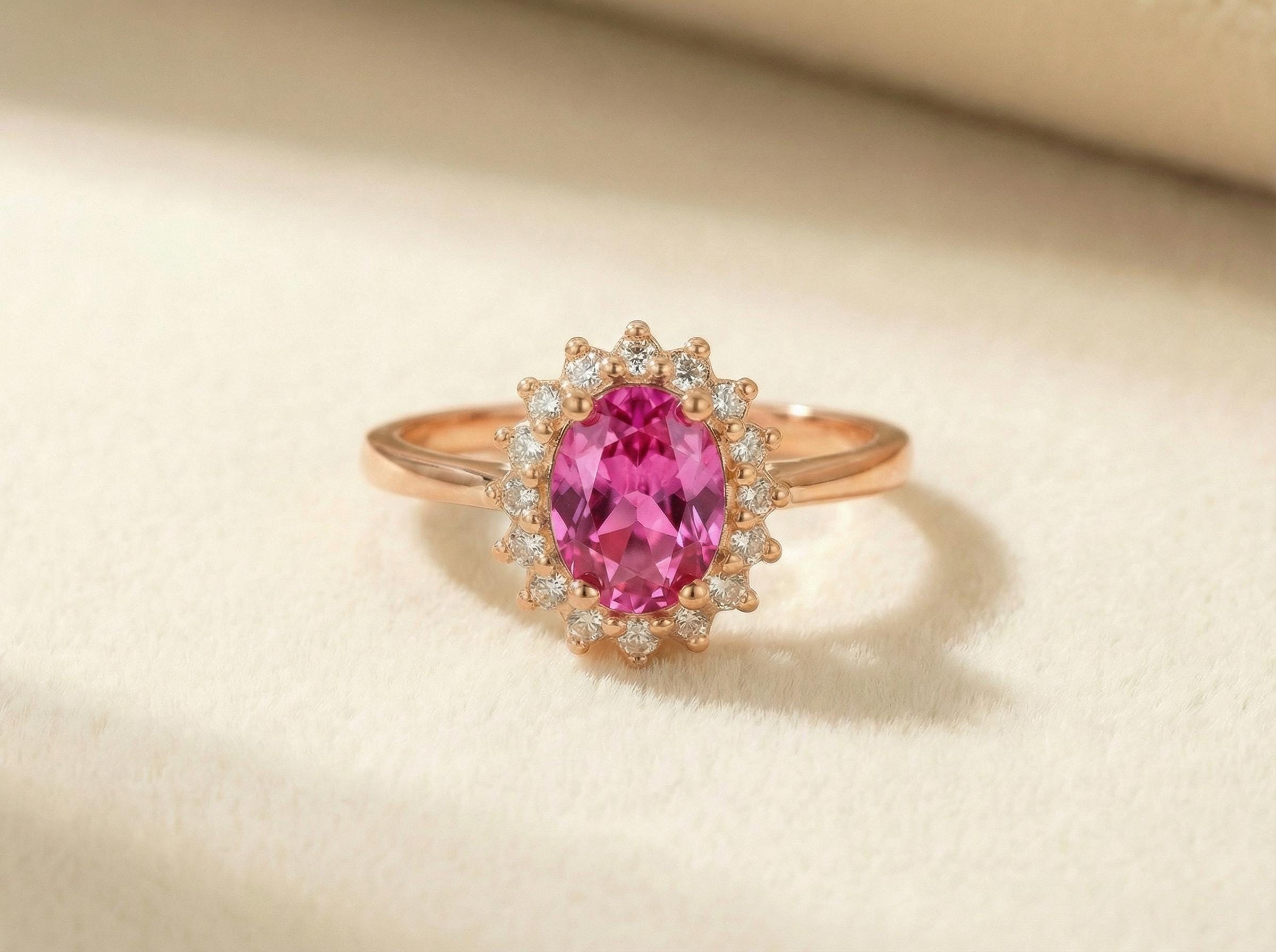 Pink Tourmaline Engagement Ring Travel Ring Oval Halo Promise Ring October Birthstone Jewelry Anniversary Gift