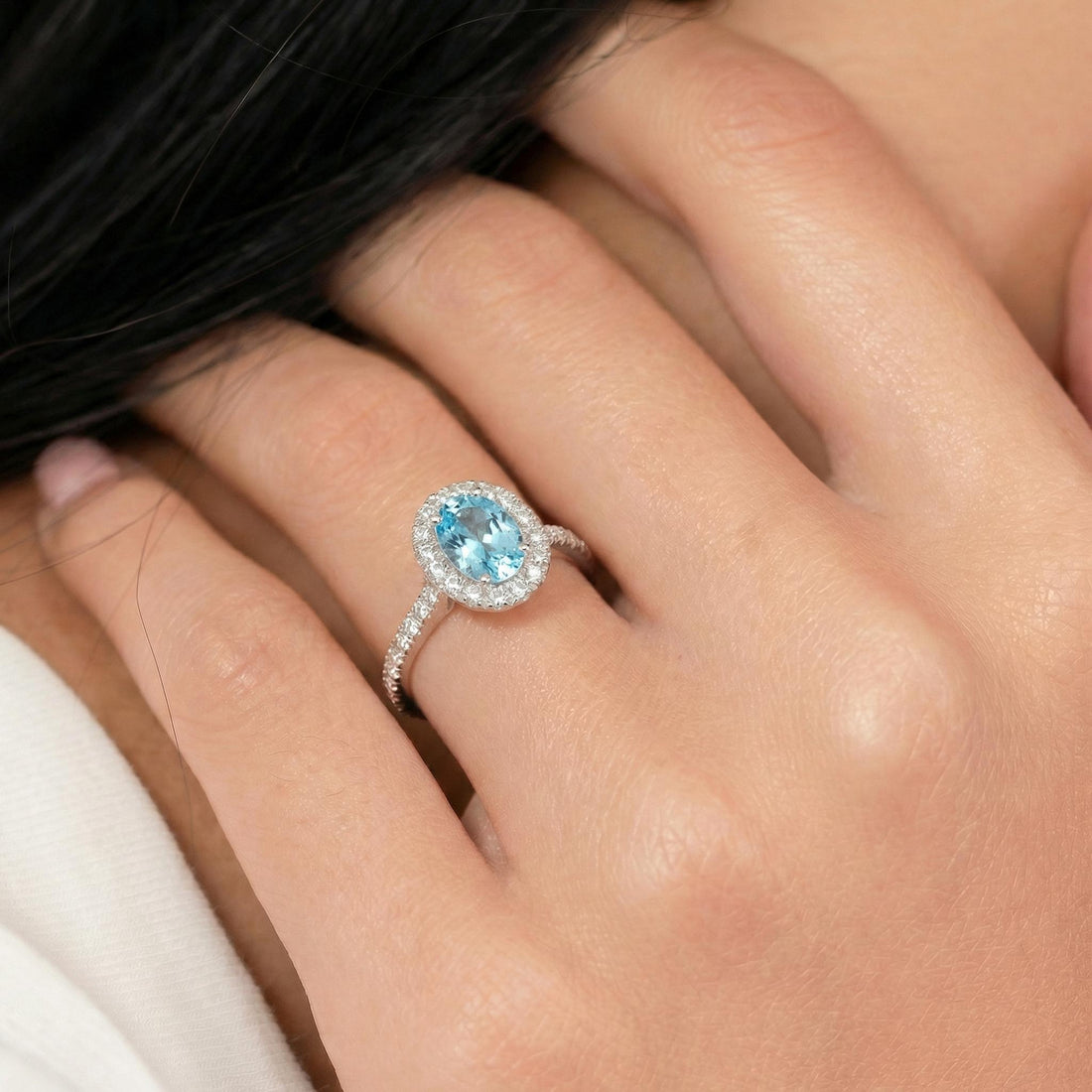 Aquamarine Engagement Ring Travel Proposal Jewelry Halo Light Blue Oval Gemstone Promise Ring March Birthstone Gift For Her