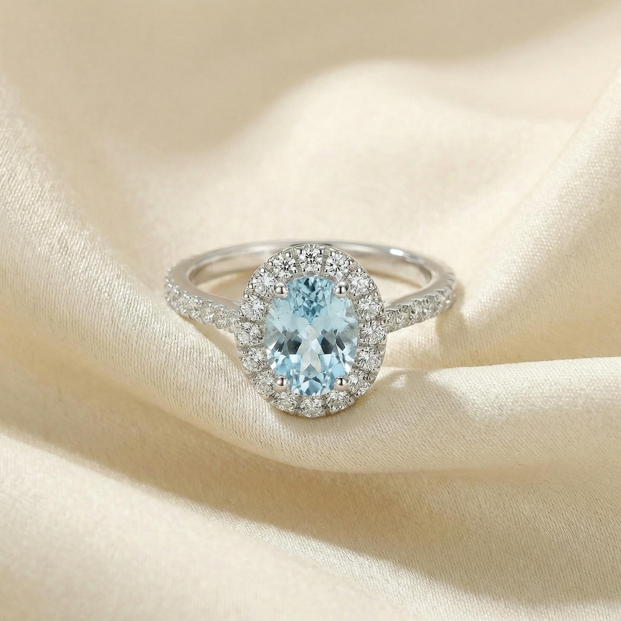 Aquamarine Engagement Ring Travel Proposal Jewelry Halo Light Blue Oval Gemstone Promise Ring March Birthstone Gift For Her