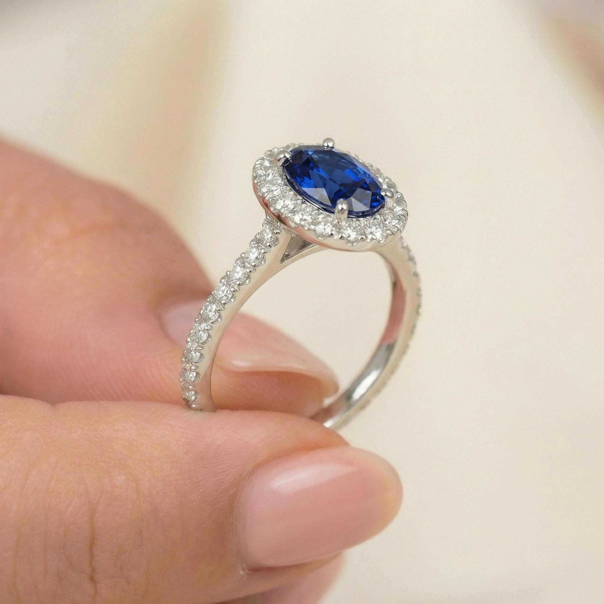 Sapphire Engagement Ring Perfect Travel Ring Proposal Jewelry Royal Blue Oval Cut Halo September Birthstone Promise Gift